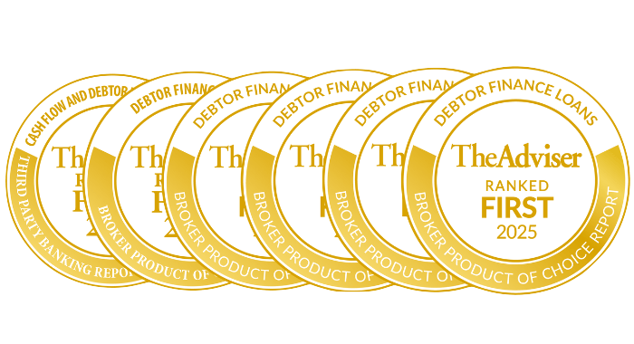 Six gold and white award badges from The Adviser, with one showing "Ranked First 2025" for Debtor Finance Loans and others labeling various broker product categories.