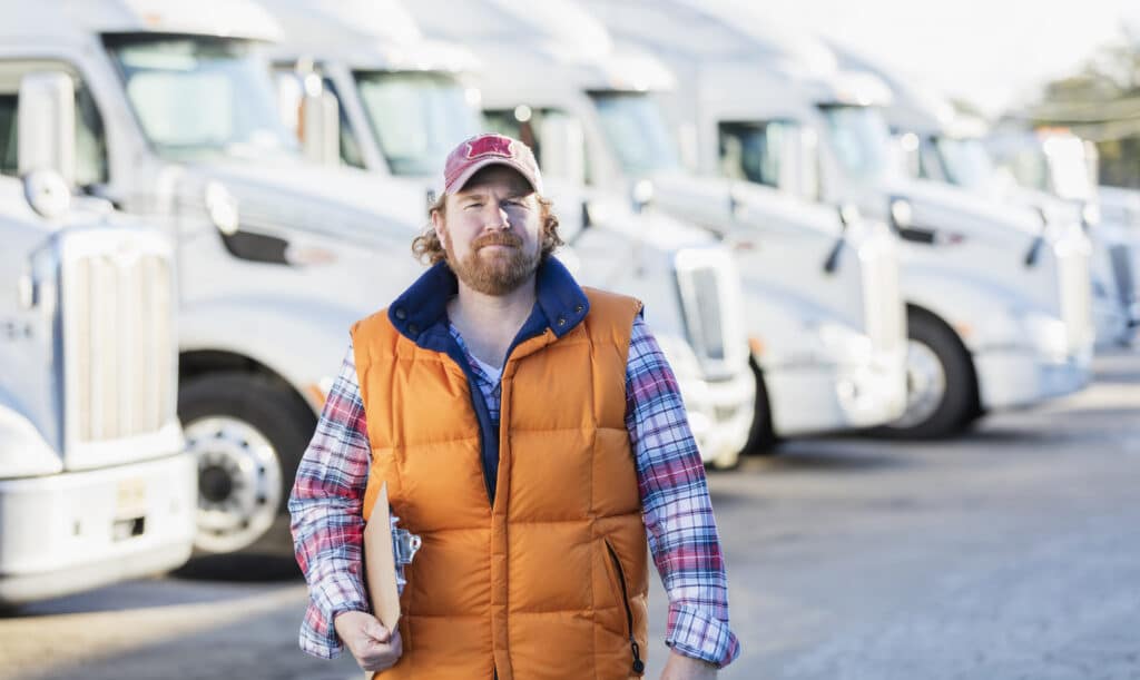 A man in an orange vest and red cap stands in front of a row of white semi-trucks, holding a clipboard.