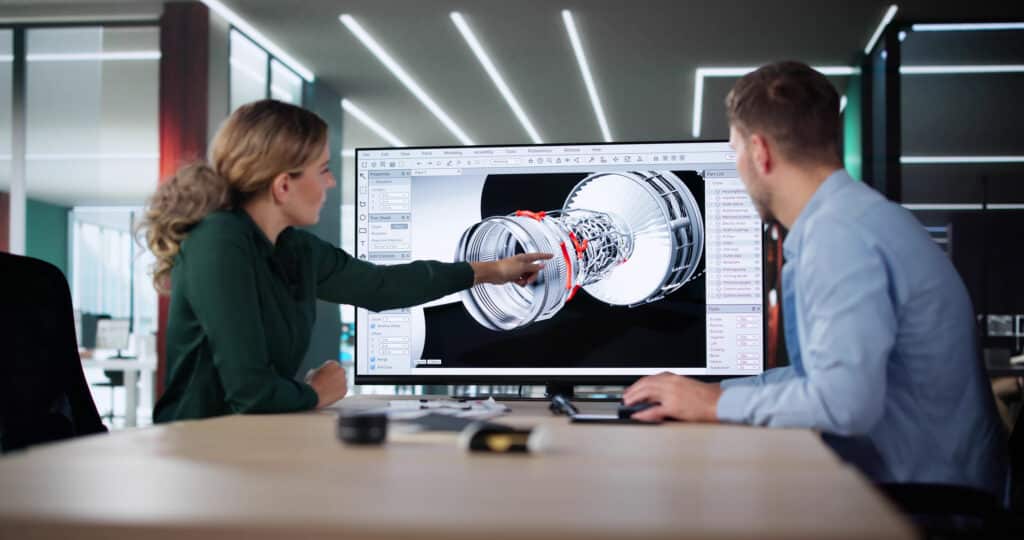 Two people discuss and analyze a 3D model of a jet engine displayed on a large monitor in a modern office setting.