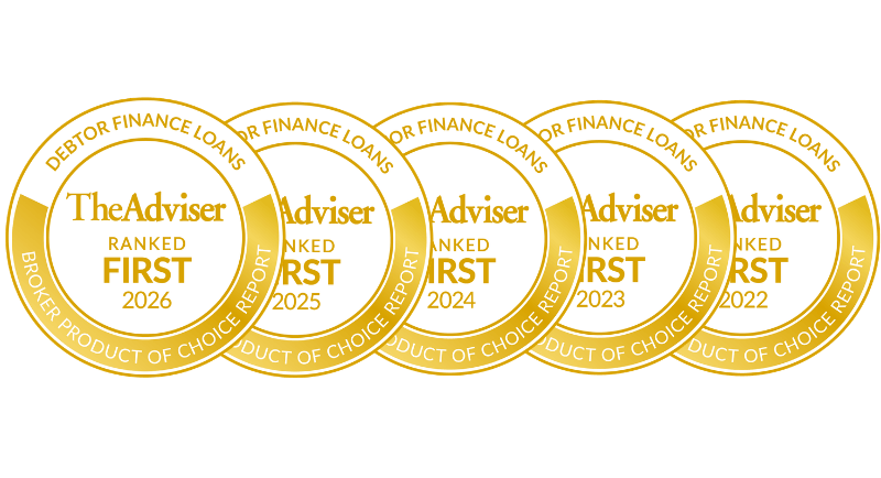 Five gold award badges labeled "The Adviser Broker Product of Choice Report" for Debtor Finance Loans, ranked first from 2022 to 2026.