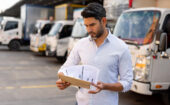 Man in a white shirt holding a clipboard and examining documents while standing in front of several parked delivery trucks.